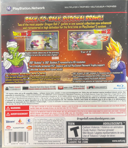 Dragon Ball Z Budokai HD Collection PlayStation 3 PS3 for video game enthusiasts featuring classic 3D fighting gameplay iconic Dragon Ball Z characters powerful attacks intense martial arts battles story modes high speed combat and collectible gaming appeal back cover art