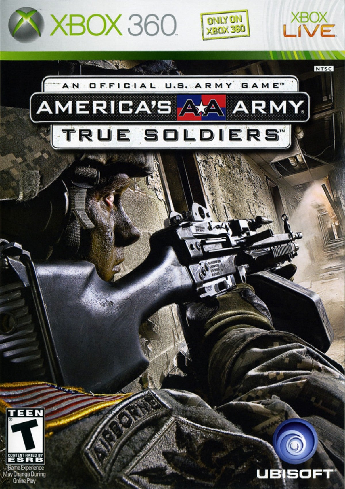 Americas Army True Soldiers retro Xbox 360 video game featuring military shooter gameplay, tactical combat missions, squad based action and classic Xbox 360 entertainment - cover art