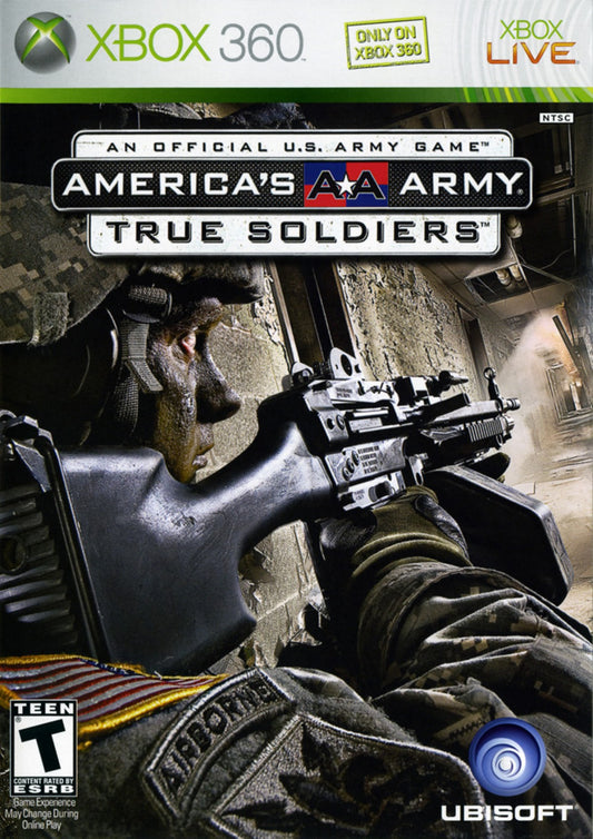 Americas Army True Soldiers retro Xbox 360 video game featuring military shooter gameplay, tactical combat missions, squad based action and classic Xbox 360 entertainment - cover art