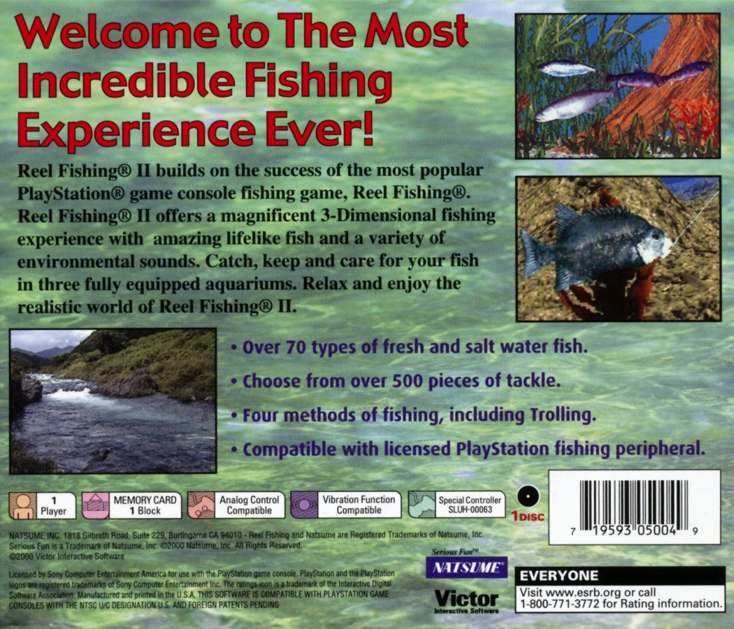Reel Fishing II PlayStation 1 PS1 for retro video game enthusiasts featuring fishing simulation gameplay realistic angling mechanics diverse fishing locations lure selection techniques relaxing outdoor sports experience and collectible gaming appeal back cover
