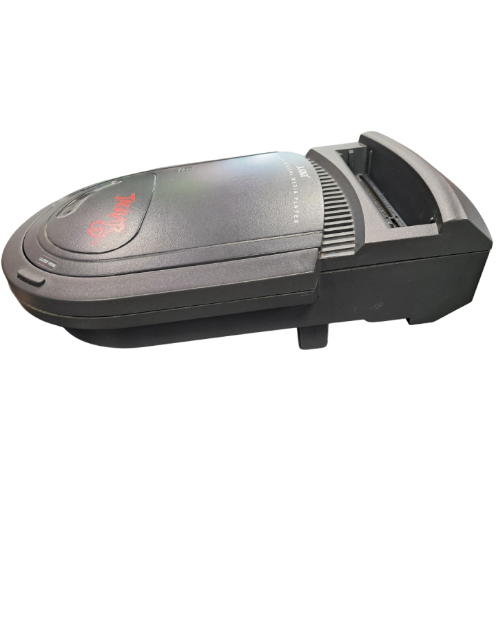 Retro Atari Jaguar CD System complete in box inspired design featuring rare retro gaming hardware aesthetic vintage multimedia console add on compact disc technology futuristic 90s gaming innovation collectible classic gaming presentation console side