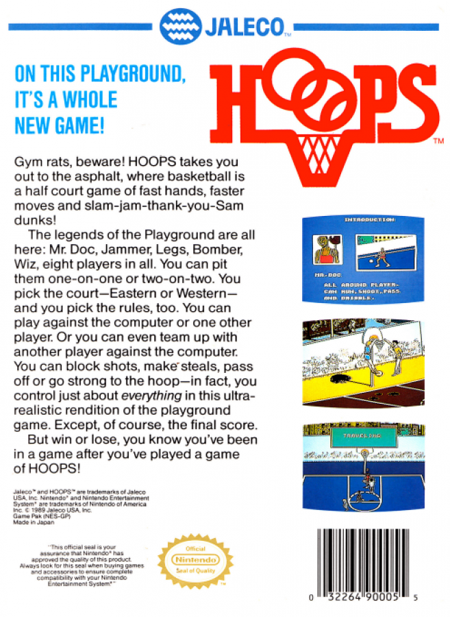 Hoops back of box for Nintendo Entertainment System (NES) retro video game