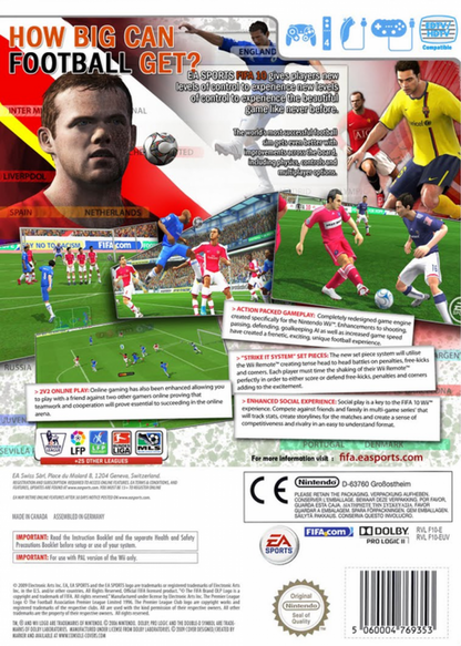 FIFA Soccer 10 Nintendo Wii video game, soccer sports simulation, motion-controlled gameplay, multiplayer, EA Sports title back cover