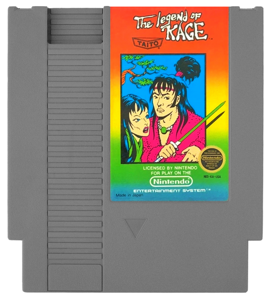 The Legend of Kage Complete in Box CIB Nintendo Entertainment System NES for retro video game enthusiasts featuring classic side scrolling action gameplay ninja combat acrobatic platforming rescue missions challenging enemies complete in box collectible gaming appeal cartridge