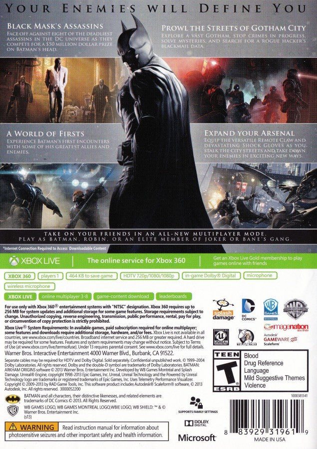 Batman: Arkham Origins back cover art for XBox 360 video game