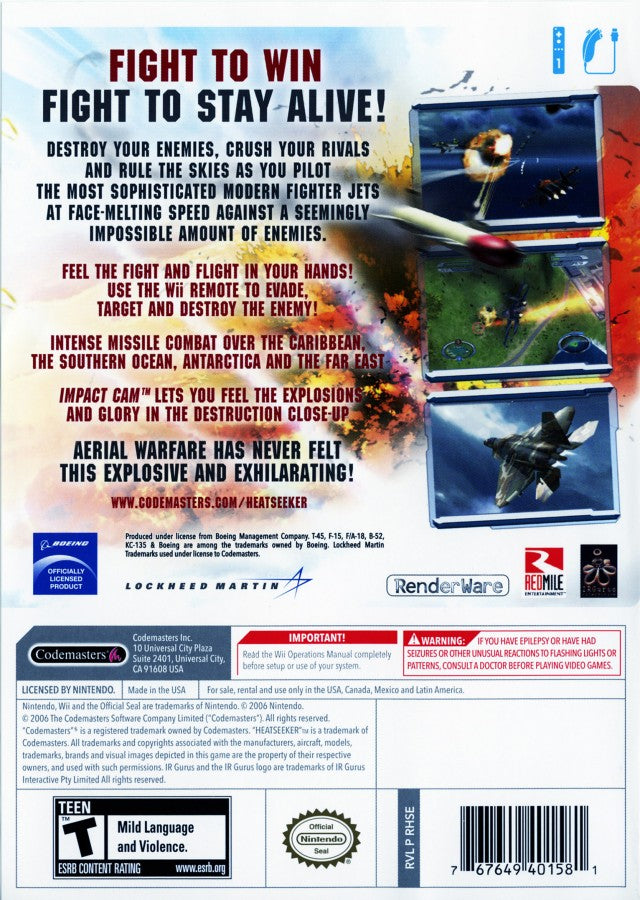 Heatseeker Nintendo Wii for flight combat video game fans featuring modern jet fighter missions fast paced aerial dogfights realistic military aircraft explosive air to air combat cinematic campaign motion controls arcade style flying action collectible gaming appeal back cover art