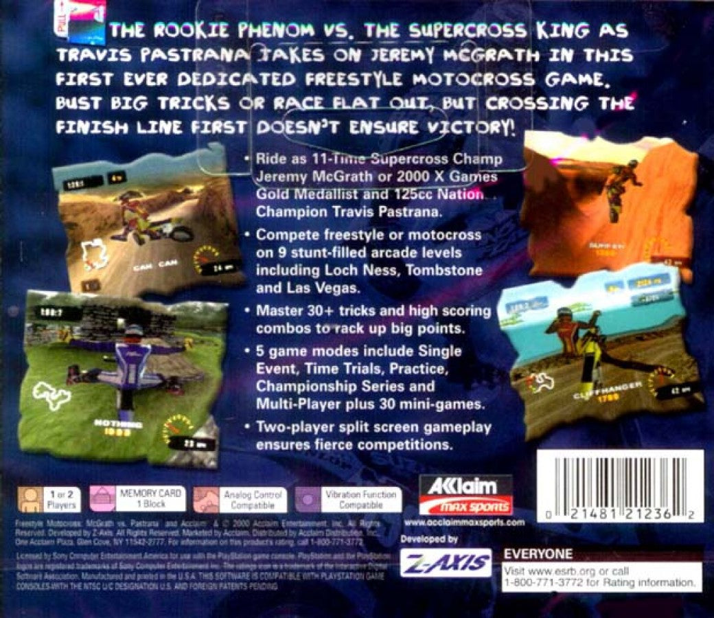 Freestyle Motocross McGrath vs. Pastrana PlayStation 1 PS1 video game, motocross racing and freestyle stunts, extreme sports action, classic console title back cover