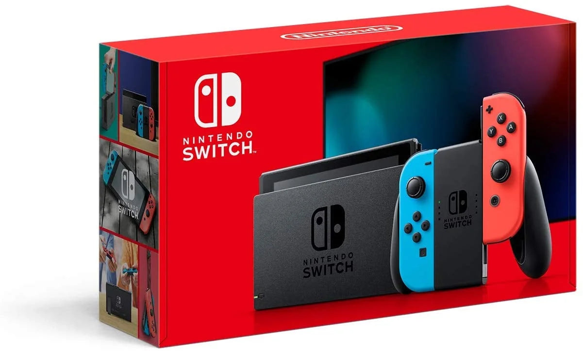 Retail box of a Nintendo Switch console, showing the console with attached Joy-Con controllers printed on the packaging.