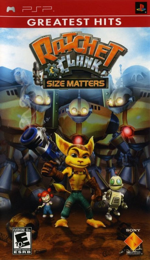 Ratchet & Clank Size Matters Greatest Hits for PlayStation Portable, cover image for an action platformer video game with third-person shooting, gadget-based gameplay, mission-based progression, and sci-fi adventure