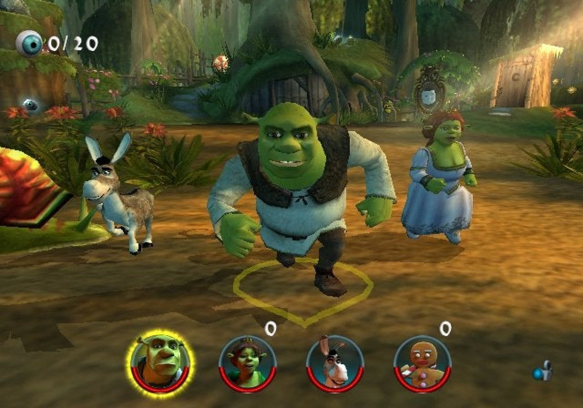 Gameplay for Shrek 2 GameCube GC video game, action adventure platformer, movie tie-in, family-friendly gameplay, multiplayer, classic Nintendo GameCube title