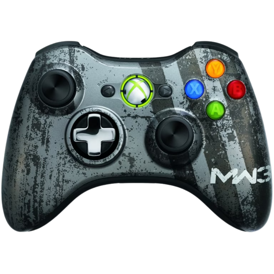Xbox 360 Wireless Controller Call of Duty: Modern Warfare 3 Edition for Xbox 360 (X360) at Gamers INC, featuring the limited edition military-inspired design with custom "weathered" artwork and a transforming D-pad that rotates from a plus to a disc for ultimate control, providing the precision needed to dominate the battlefield in a rugged, collectible peripheral built for the most dedicated Call of Duty fans front face