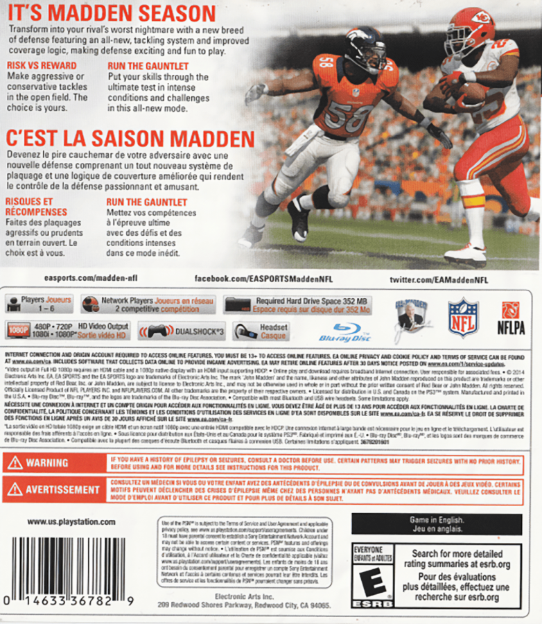 Madden NFL 15 back cover art for PlayStation 3 (PS3) video game