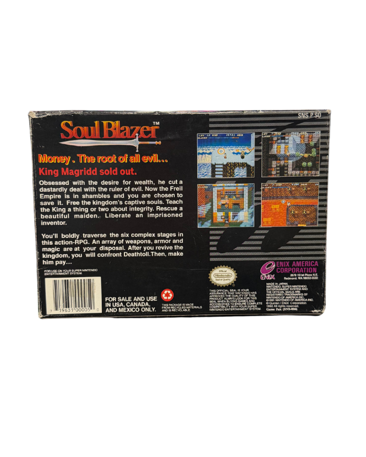 Soul Blazer for Super Nintendo with classic action-RPG adventure theme back of box