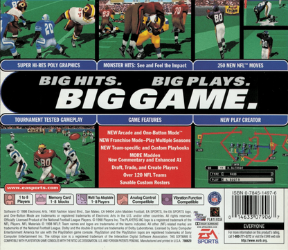 Madden NFL 99 back of case for PlayStation 1 (PS1) retro football video game
