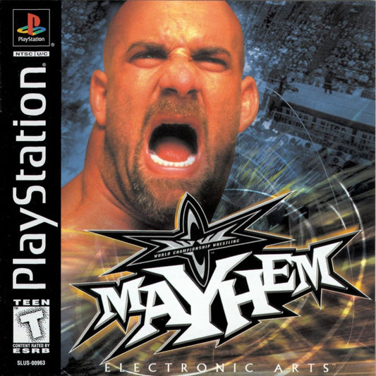 WCW Mayhem game for the PlayStation featuring professional wrestling gameplay with a roster of WCW superstars career and exhibition modes signature moves and arcade style matches based on late 90s wrestling entertainment front cover