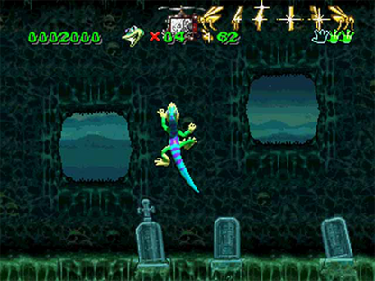 Gex [Long Box] for PlayStation 1 (PS1) at Gamers INC, featuring Crystal Dynamics' iconic 2D platformer in its rare, collectible early-release "Long Box" packaging; enter the Media Dimension as the wisecracking, TV-obsessed gecko Gex to defeat the evil Rez across parody-filled worlds inspired by classic cinema and television, utilizing tail-whips, wall-crawling abilities, and the unmistakable voice of Dana Gould in this definitive 32-bit mascot debut gameplay screenshot