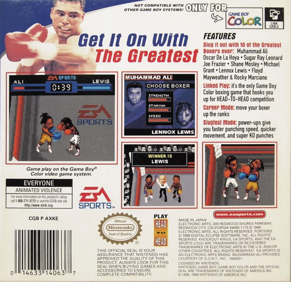 Knockout Kings Game Boy Color boxing sports video game licensed real boxers punch combinations haymakers EA Sports original Game Boy Color sports title back cover