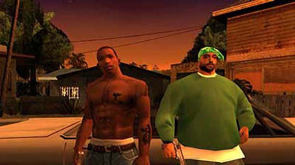 Retro Grand Theft Auto San Andreas Greatest Hits PS2 inspired design featuring open world crime action aesthetic vintage PlayStation 2 urban street culture gang warfare sprawling city environments chaotic missions iconic Rockstar gameplay nostalgic sandbox adventure presentation - gameplay