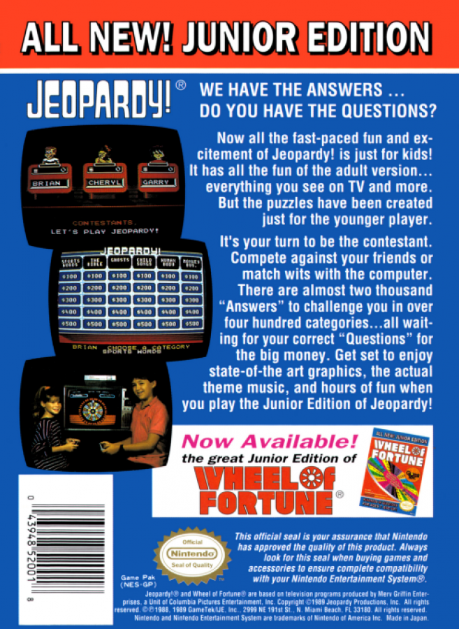 Jeopardy Jr [In Box] back of box for Nintendo Entertainment System (NES) retro video game