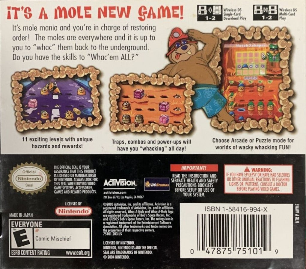 Whac-A-Mole back of screen for Nintendo DS (DS) arcade action video game