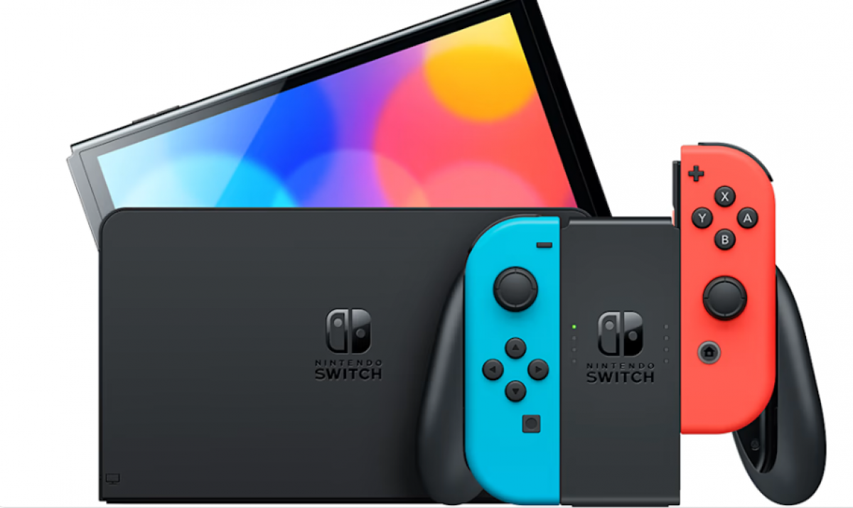 Nintendo Switch OLED console with red and blue Joy-Con controllers, dock included, handheld and TV gaming system, vibrant OLED display, Nintendo console