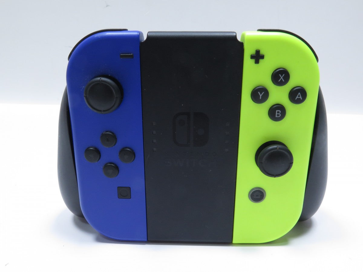 Nintendo Switch system with dock and blue and yellow Joy Cons featuring versatile home and portable gaming modes in comfort grip