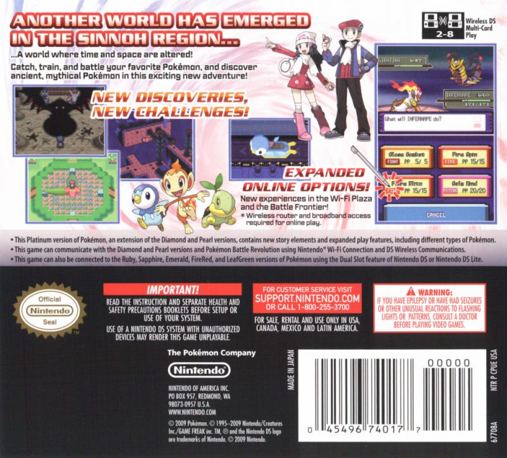 Pokémon Platinum back cover art for Nintendo DS (DS) Pokémon RPG adventure video game