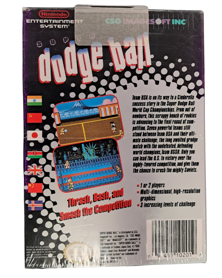Factory sealed Super Dodge Ball NES video game original Nintendo Entertainment System release featuring classic sports arcade gameplay collectible brand new sealed retro cartridge box art and vintage Nintendo title back cover art