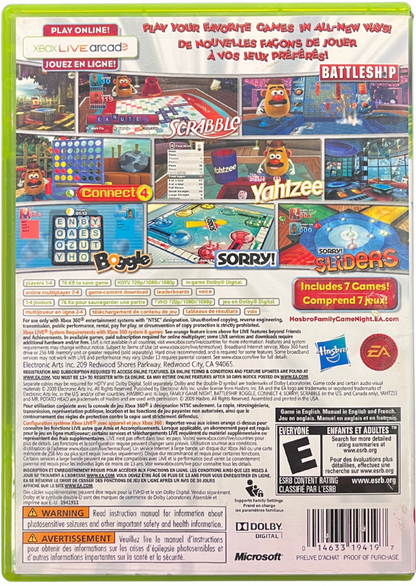 Hasbro Family Game Night Xbox 360 inspired design featuring classic board game collection aesthetic family friendly multiplayer fun digital tabletop entertainment colorful party gameplay iconic Hasbro favorites casual gaming nostalgia presentation bak art 