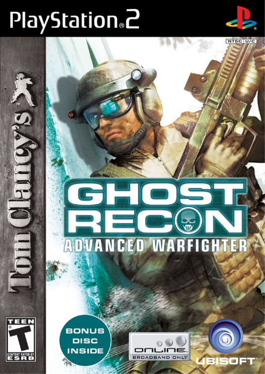 Tom Clancy's Ghost Recon: Advanced Warfighter for PlayStation 2 (PS2) featuring tactical third person shooting with squad commands and modern military gear in an urban combat campaign; plan your approach issue orders and complete objectives with Ghost Recon style realism on PS2 front cover