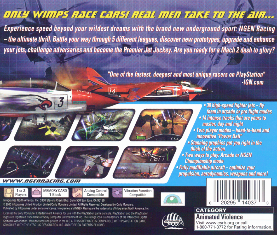 NGEN Racing retro futuristic combat racing game for PlayStation 1 (PS1) back of case
