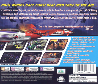 NGEN Racing retro futuristic combat racing game for PlayStation 1 (PS1) back of case