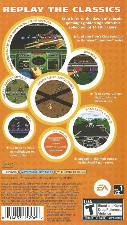 EA Replay PlayStation Portable PSP for retro video game fans featuring classic Electronic Arts game collection arcade action sports gameplay racing adventures strategy titles nostalgic handheld entertainment multiple genres collectible gaming appeal back cover art