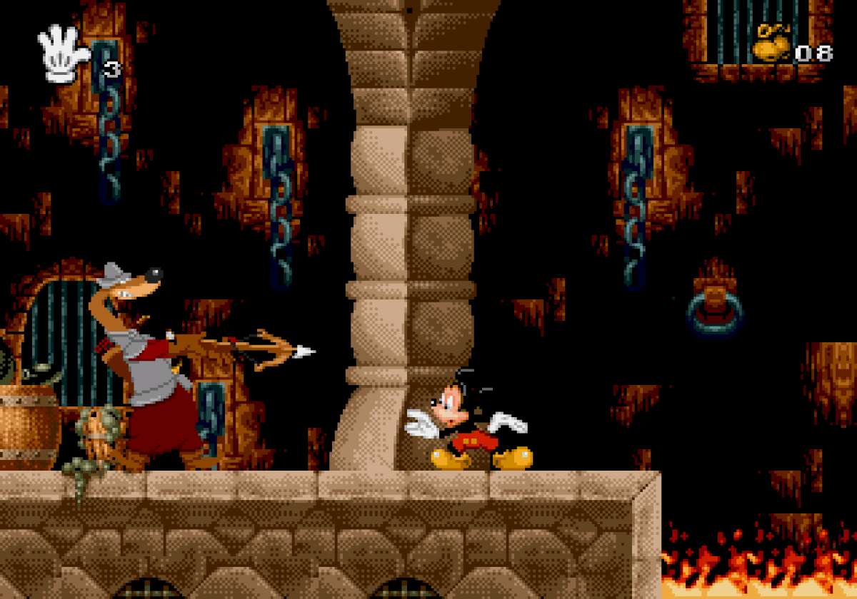 Mickey Mania Sega CD Sega Genesis Disney platformer starring Mickey Mouse animated cartoon inspired levels side scrolling action puzzle platforming enhanced CD audio FMV intro classic Disney gameplay retro gaming Sega CD software video game title gameplay