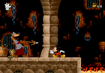 Mickey Mania Sega CD Sega Genesis Disney platformer starring Mickey Mouse animated cartoon inspired levels side scrolling action puzzle platforming enhanced CD audio FMV intro classic Disney gameplay retro gaming Sega CD software video game title gameplay