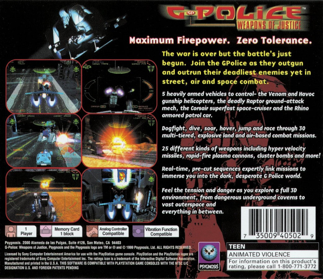 G-Police: Weapons of Justice retro sci-fi flight combat action game for PlayStation 1 (PS1) back of case