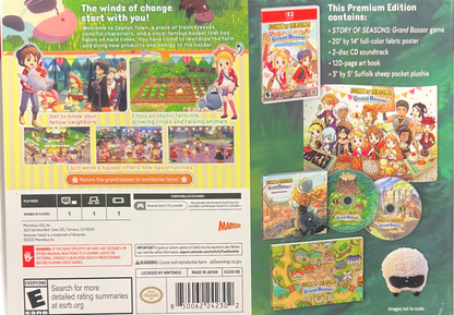 Story of Seasons Grand Bazaar Premium Edition Nintendo Switch 2 for farming simulation role playing video game fans featuring crop growing animal care fishing cooking crafting relationships seasonal festivals town development marketplace trading and Premium Edition collectible content gaming appeal back cover art