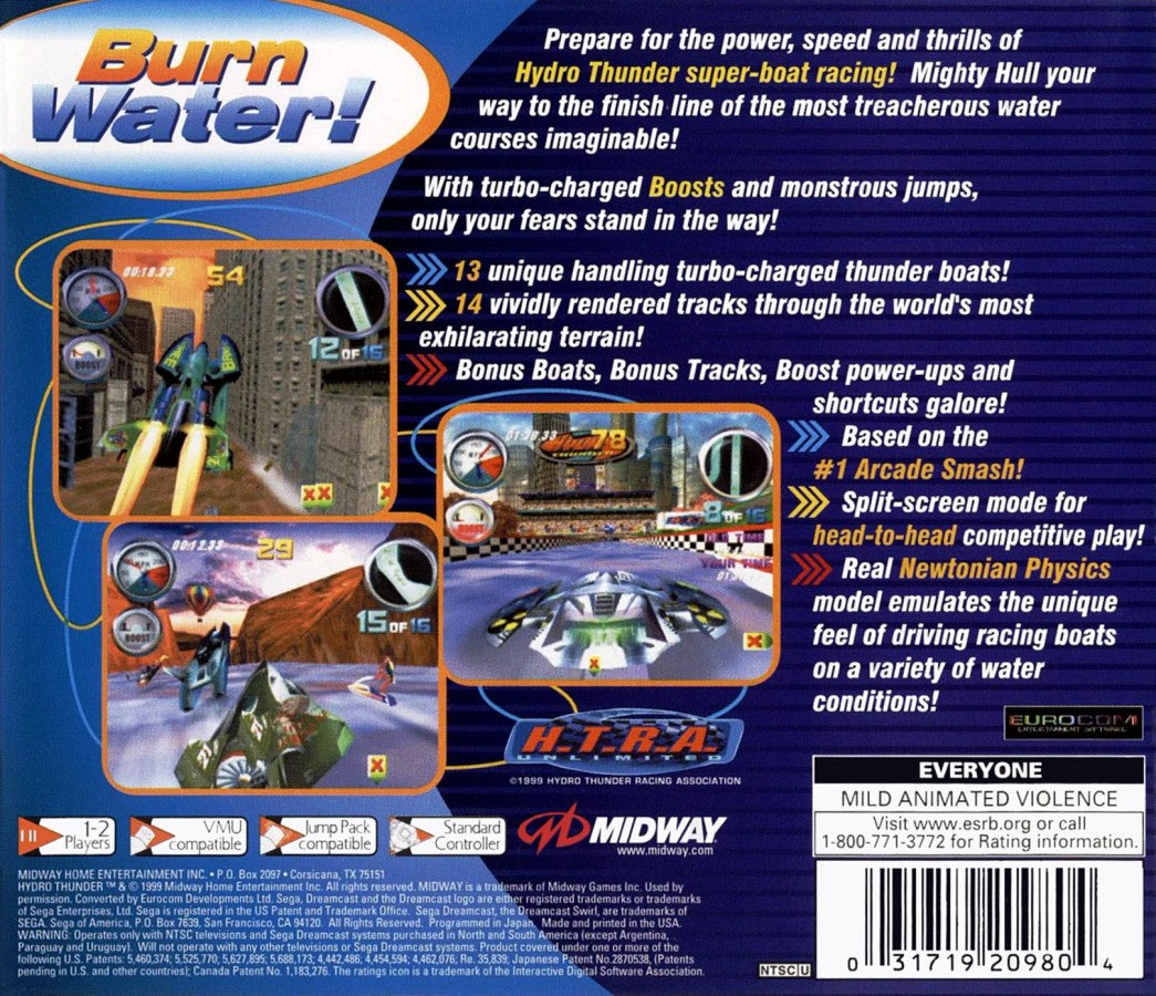 Hydro Thunder Sega Dreamcast DC for arcade racing video game fans featuring high speed boat racing powerful watercraft extreme jumps dangerous waterways massive waves shortcuts explosive crashes and fast paced Sega Dreamcast gameplay collectible retro gaming appeal back cover art