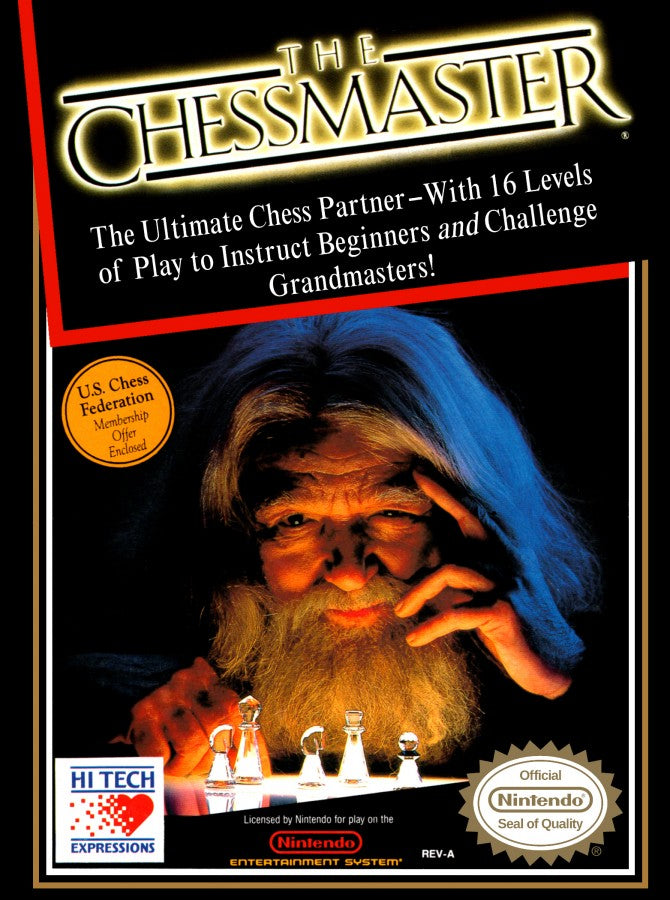 The Chessmaster Nintendo Entertainment System NES for strategy video game fans featuring classic chess gameplay multiple difficulty levels computer AI opponents instructional tutorials skill building practice modes timeless board game competition retro Nintendo gaming collectible gaming appeal cover art