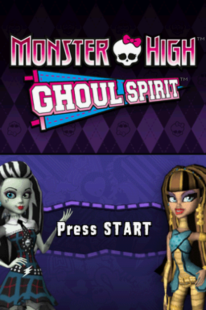 Monster High: Ghoul Spirit for Nintendo DS — a school-life adventure where you create your own ghoul, attend classes, complete tasks, build friendships with famous Monster High characters, and uncover spooky mysteries around the school main menu