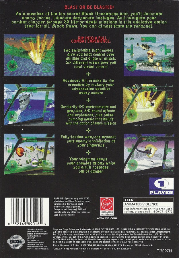 Black Dawn Sega Saturn first person helicopter combat simulator sci fi military shooter aerial missions cockpit view fast paced arcade style action enemy bases destruction objectives retro gaming Sega Saturn software video game title back cover art 