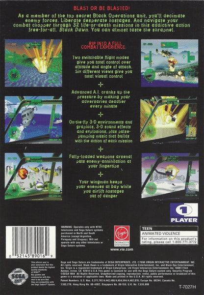 Black Dawn Sega Saturn first person helicopter combat simulator sci fi military shooter aerial missions cockpit view fast paced arcade style action enemy bases destruction objectives retro gaming Sega Saturn software video game title back cover art 