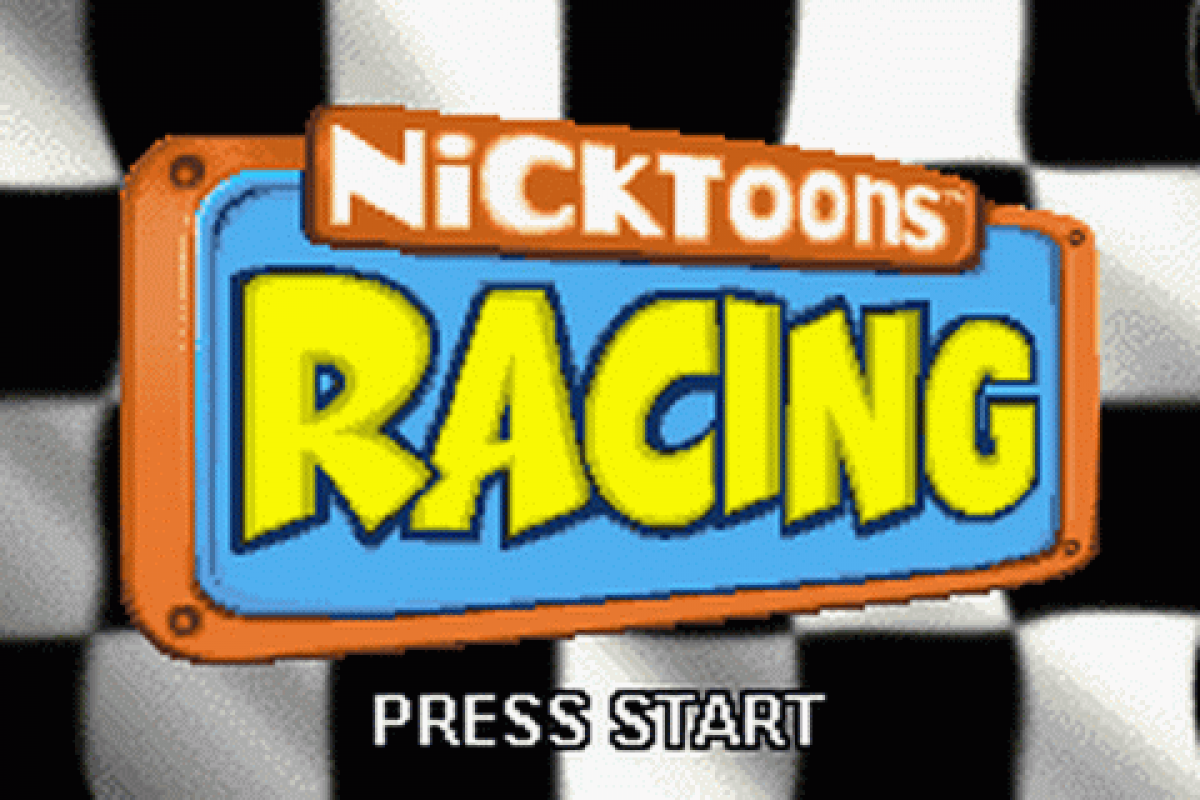 Nicktoons Racing for Game Boy Advance, title screen for a retro video game featuring kart racing gameplay, Nickelodeon character-based competition, track challenges, power-ups, and arcade-style racing action
