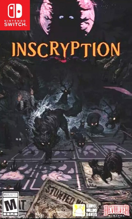 Inscryption Nintendo Switch inspired design featuring dark roguelike card battling adventure aesthetic mysterious cabin setting strategic deck building psychological horror elements immersive puzzles eerie atmosphere and narrative driven gameplay presentation front cover 