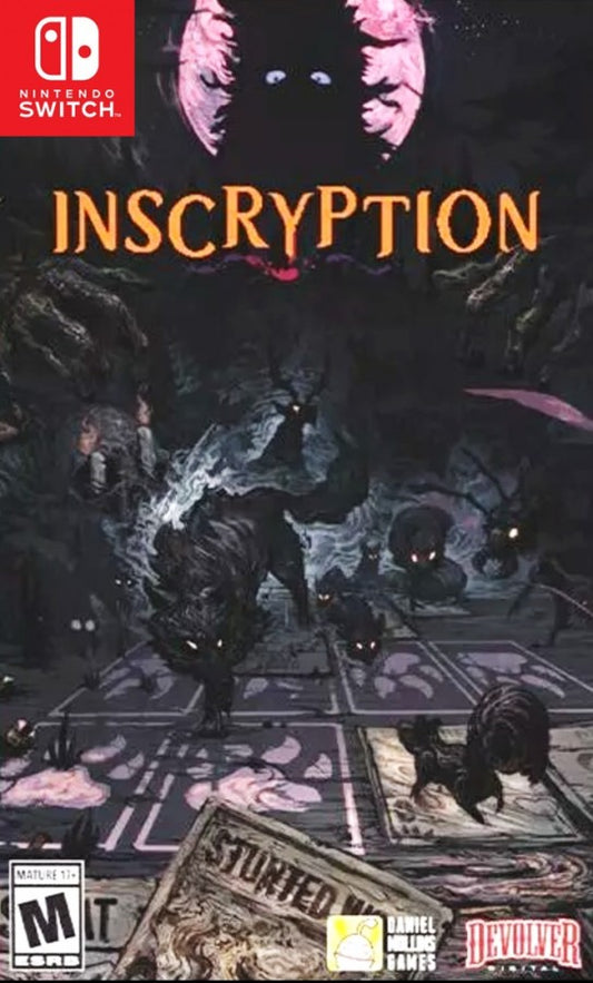 Inscryption Nintendo Switch inspired design featuring dark roguelike card battling adventure aesthetic mysterious cabin setting strategic deck building psychological horror elements immersive puzzles eerie atmosphere and narrative driven gameplay presentation front cover 