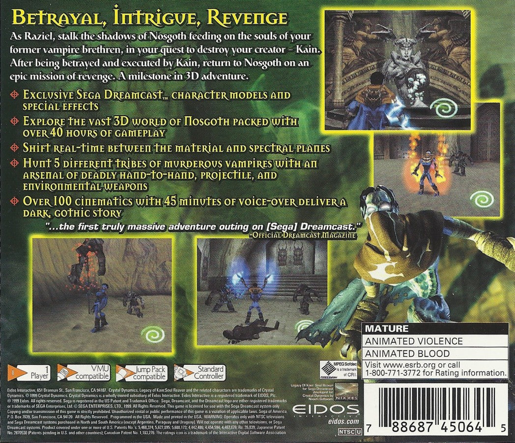 Legacy of Kain Soul Reaver Sega Dreamcast DC for retro video game enthusiasts featuring dark fantasy action adventure gameplay vampire themed storytelling exploration puzzle solving supernatural abilities combat mechanics gothic atmosphere classic Dreamcast collectible gaming appeal back cover