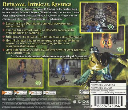 Legacy of Kain Soul Reaver Sega Dreamcast DC for retro video game enthusiasts featuring dark fantasy action adventure gameplay vampire themed storytelling exploration puzzle solving supernatural abilities combat mechanics gothic atmosphere classic Dreamcast collectible gaming appeal back cover