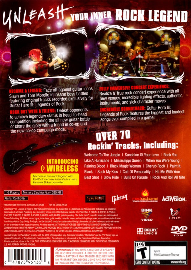 Guitar Hero III: Legends of Rock back cover art for Playstation 2 (PS2) video game