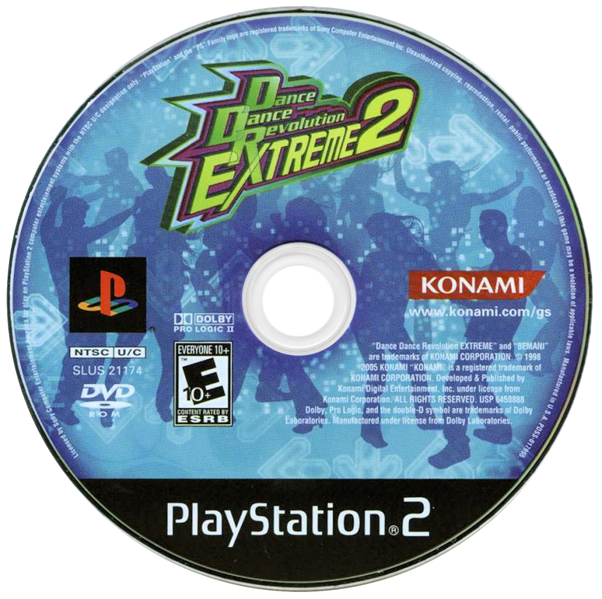 Dance Dance Revolution Extreme 2 disc for the PlayStation 2 featuring rhythm dance gameplay with music tracks step based challenges and multiplayer modes using a dance pad controller disc