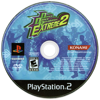 Dance Dance Revolution Extreme 2 disc for the PlayStation 2 featuring rhythm dance gameplay with music tracks step based challenges and multiplayer modes using a dance pad controller disc